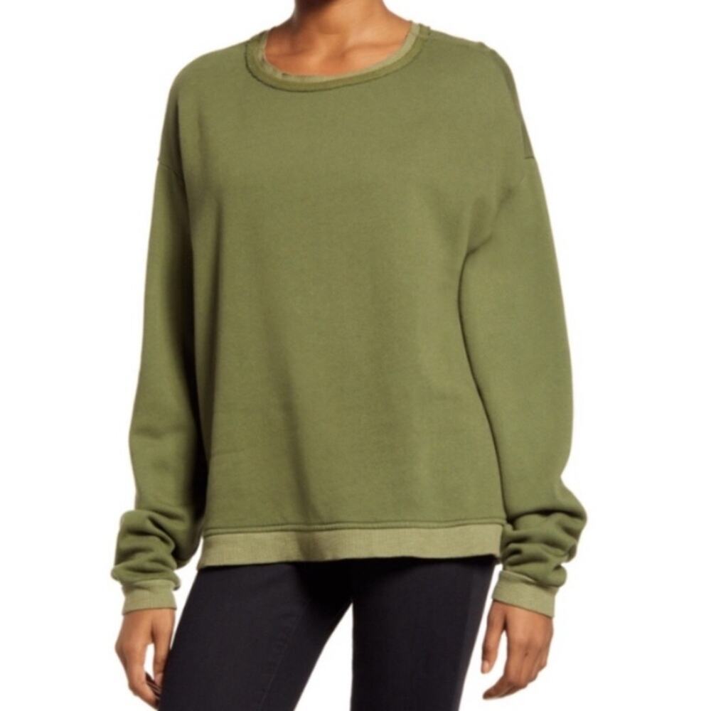 TREASURE & BOND NWOT Olive Green Waffle Knit Trim Pullover Sweatshirt Size Small